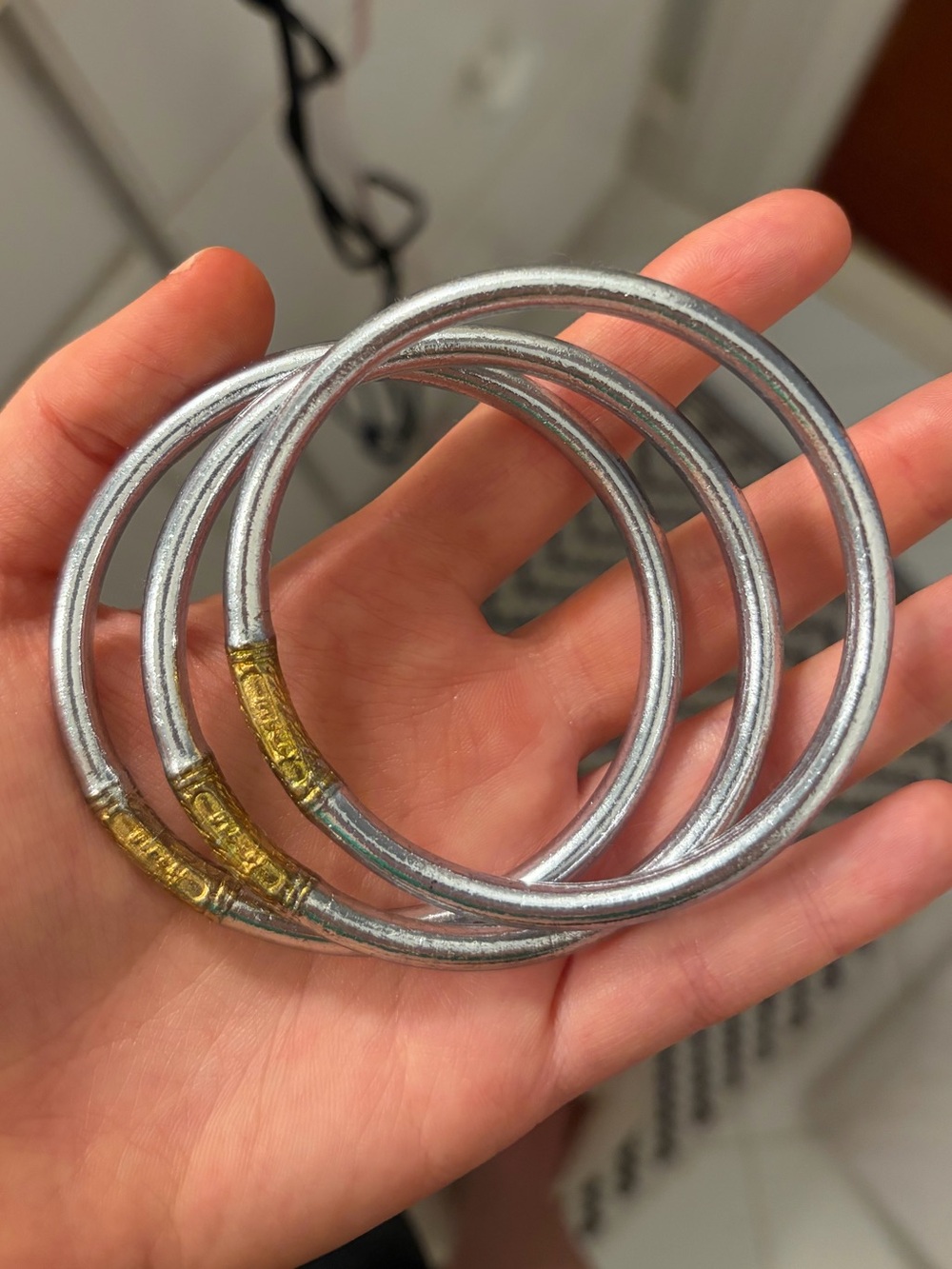 Silver Tone Bangle Bracelet Set with Gold Accents